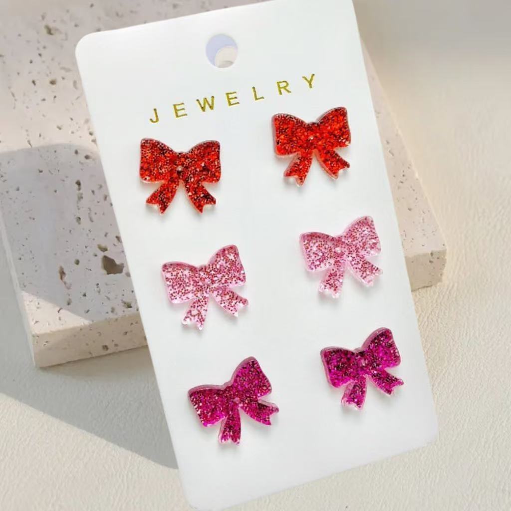 Wholesale Pink Sweet Shining Bow Acrylic Earring Set