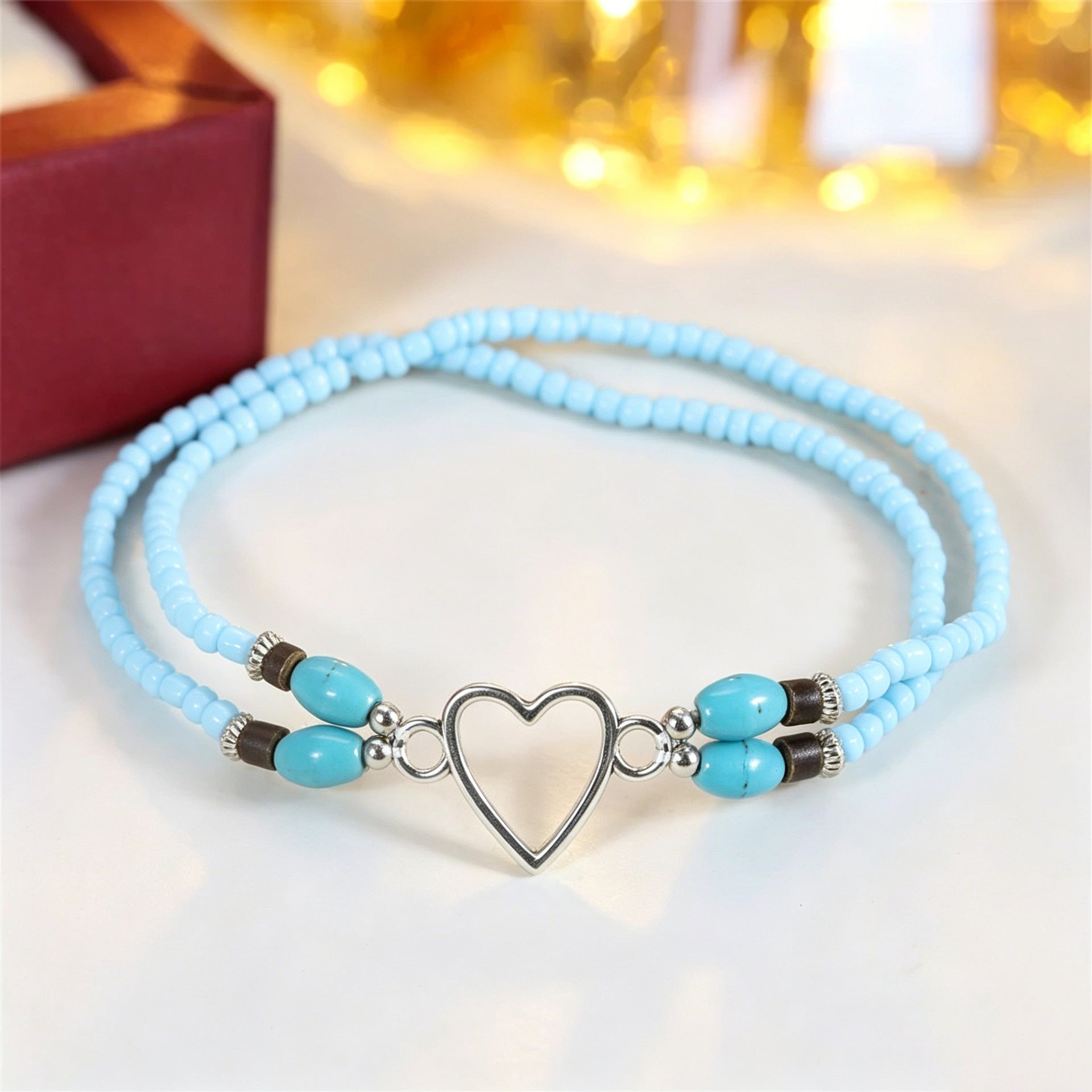 Wholesale Vacation Style Double Heart Beaded Elastic Ankle Bracelet Unisex Fashion Jewelry Accessory For Couples Gift And Boutique Resale