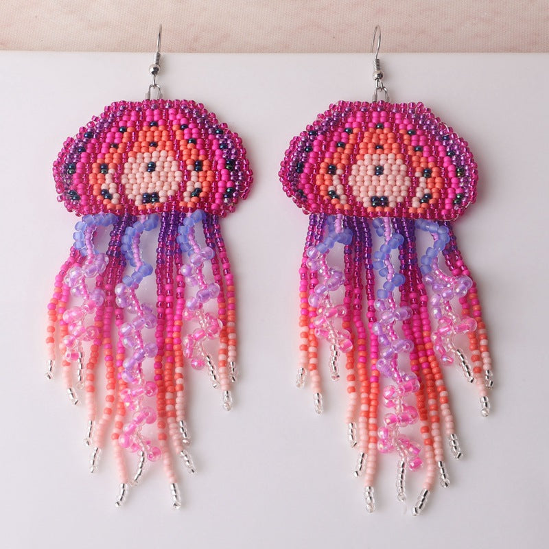 Wholesale Ocean jellyfish tassel rice bead woven Bohemian earrings