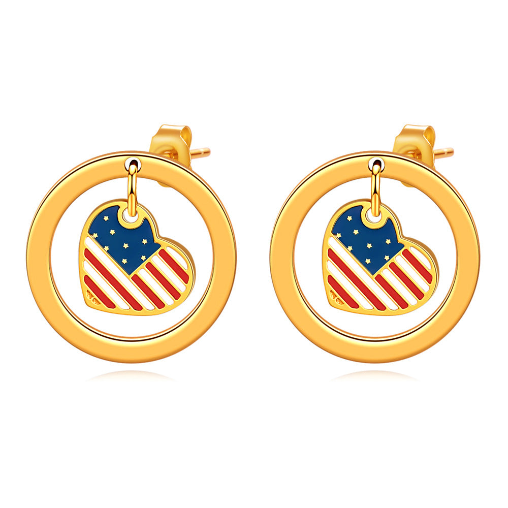 Wholesale  Independence Day Round Cut Out Heart Flag Three-Color Oil Drop Earrings