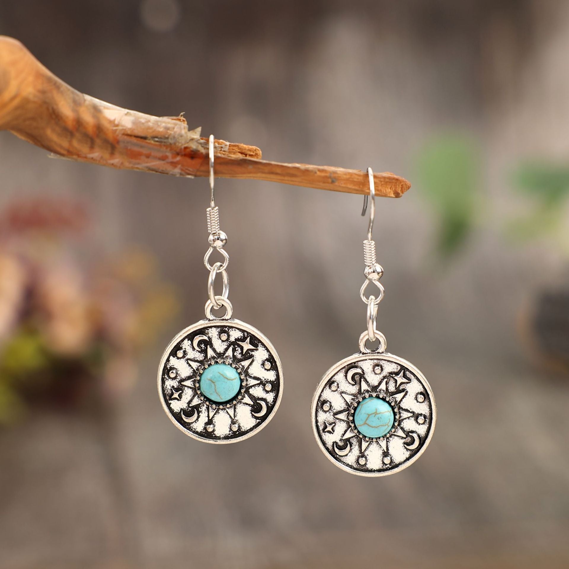Wholesale Vintage Alloy Blue Turquoise Horn Earrings