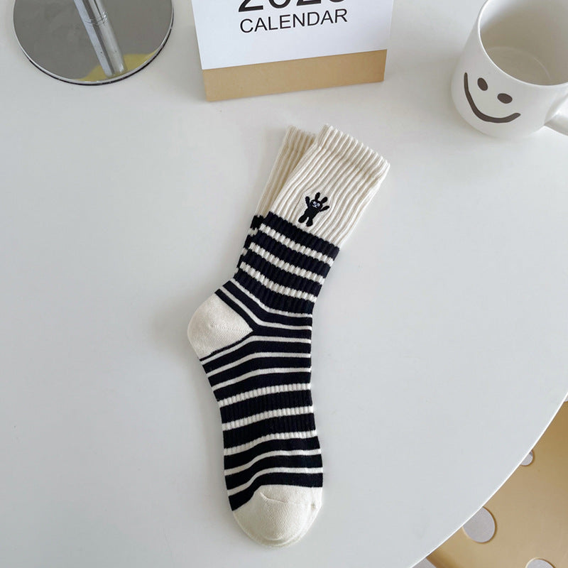 Wholesale Autumn and Winter Striped Embroidered Bunny Trendy Versatile Mid Length Socks