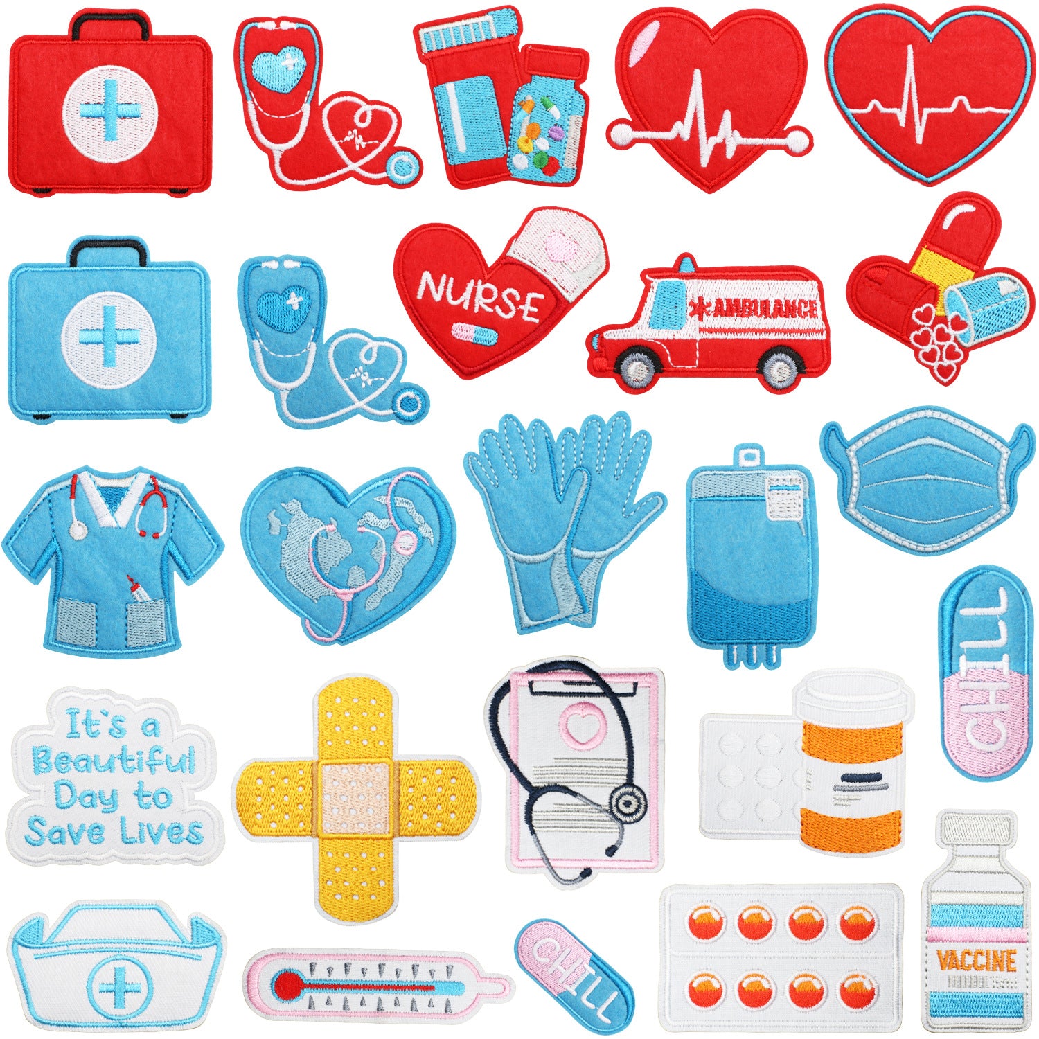 Wholesale Modern Red Blue Medical Rescue Team Embroidered Patches Cartoon Stethoscope Polyester Clothing Decoration Gift
