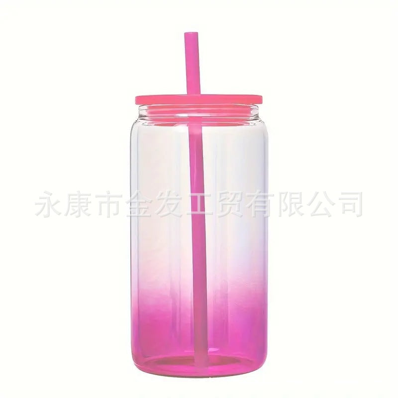 Wholesale 16oz Sublimation High Borosilicate Jelly Color Gradient Mason Glass Cup Portable Color PP Cover Glass Slipper Cup