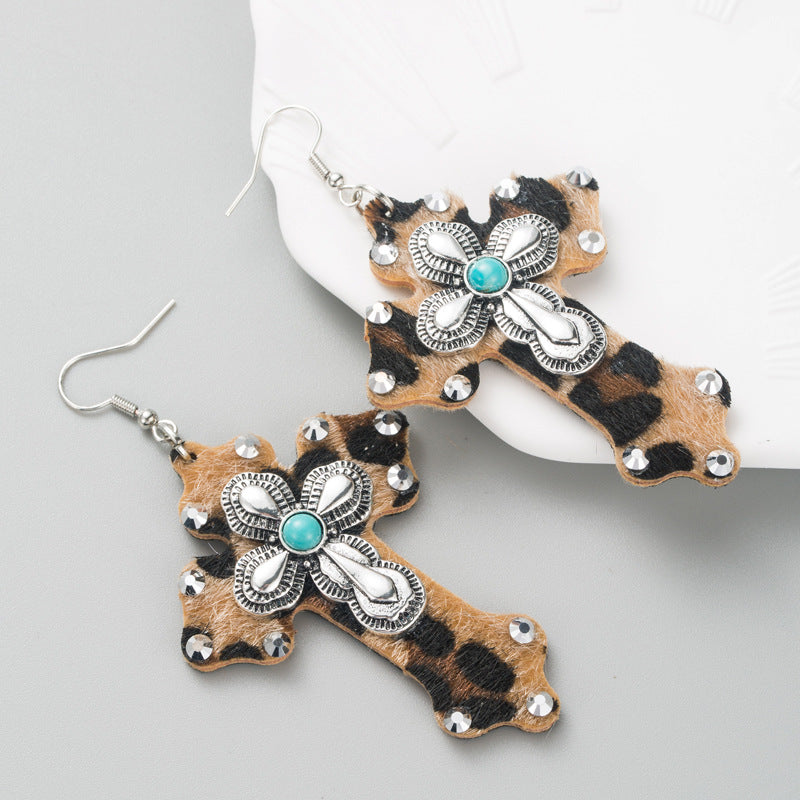 Wholesale Trendy Leopard Print Leather Cross Alloy Inlaid Turquoise Exaggerated Earrings