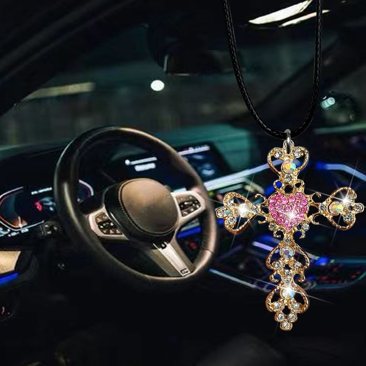 Wholesale diamond encrusted love cross car decoration pendant alloy cross