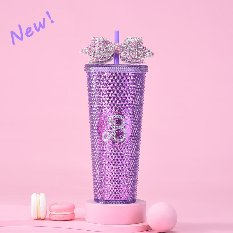 Wholesale Double-layer Plastic 710ml Large Capacity Straw Cup with Glitter Bow Tie Hand Cup Durian Cup