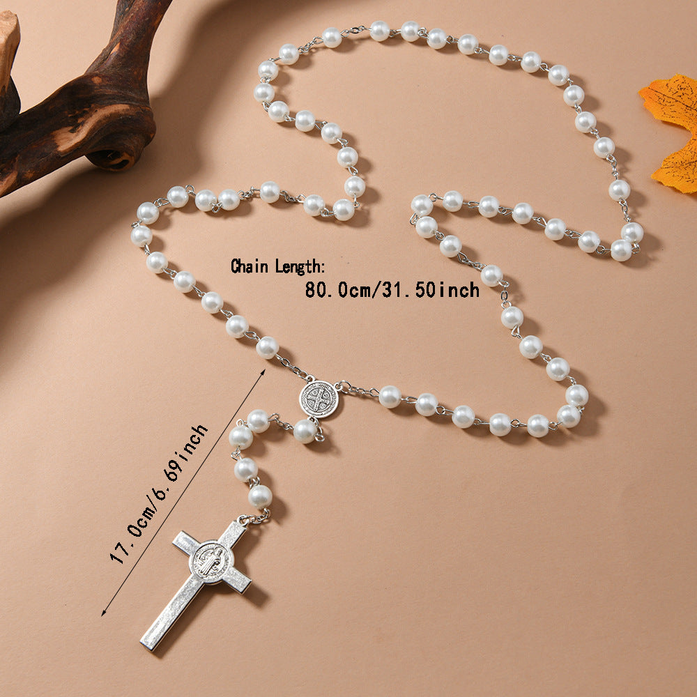 Wholesale Glass Imitation Pearl Cross Rosary Necklace
