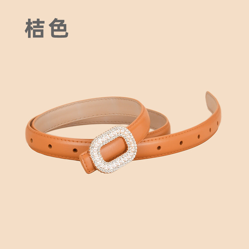 Wholesale Versatile Genuine Leather Belt with Round Buckle Inlaid with Pearls and Rhinestones