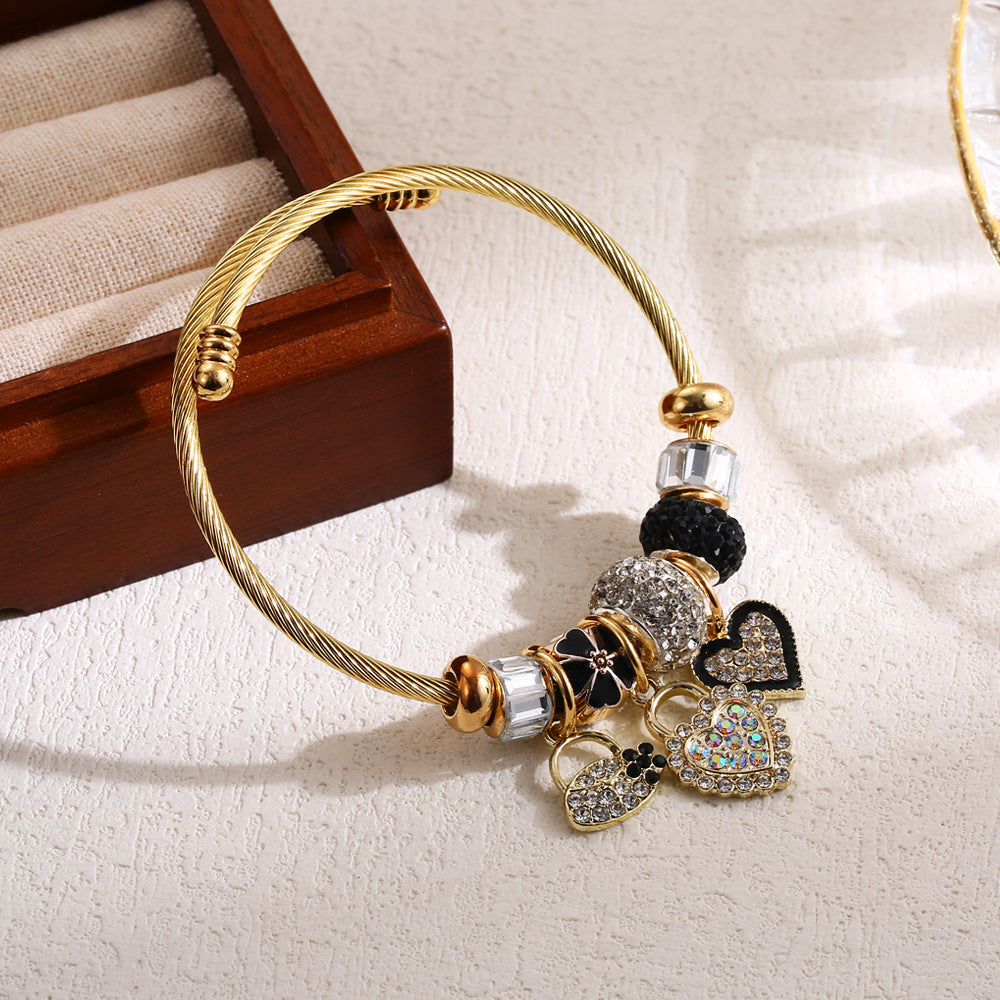 Wholesale Fashionable All-match Diamond Stainless Steel Heart Pendant Couple Adjustable Bracelet