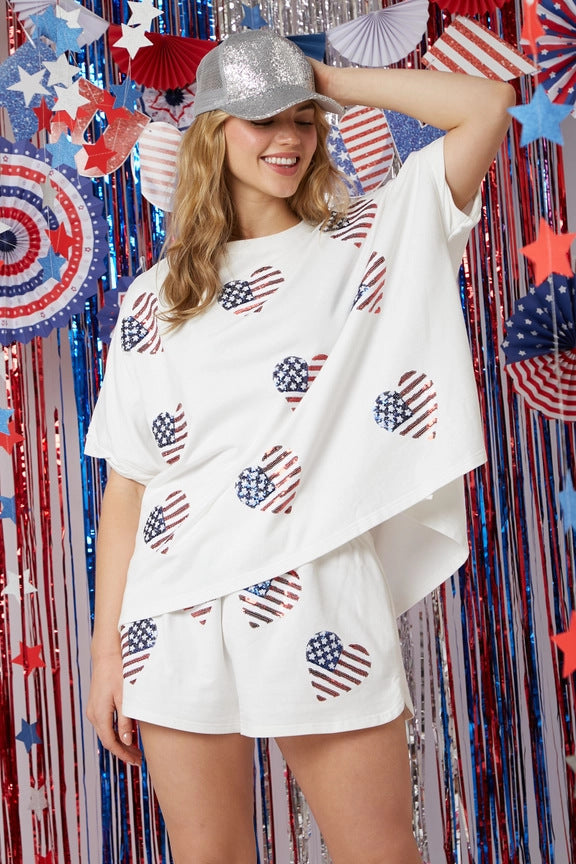 Wholesale Independence Day Top Sequined Pants Suit Short Sleeve Two Piece Set