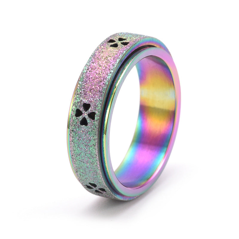 Wholesale Frosted Hollow Four Leaf Clover Rotatable Stainless Steel Ring