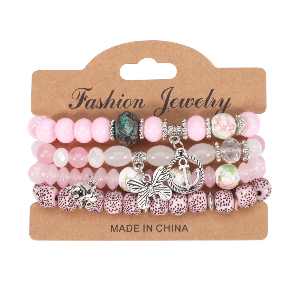 Wholesale Bohemian Butterfly Anchor Elephant Pendant Multi-layer Bracelet