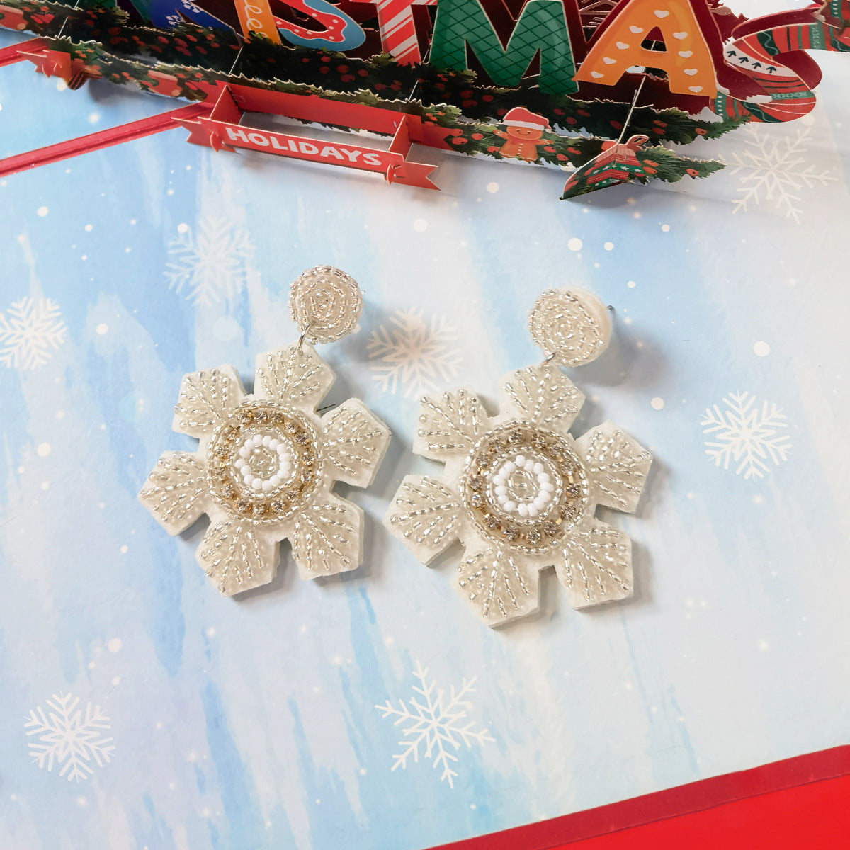 Wholesale Christmas Snowflake Fabric Inlaid Glass Diamond Handmade Rice Bead Earrings