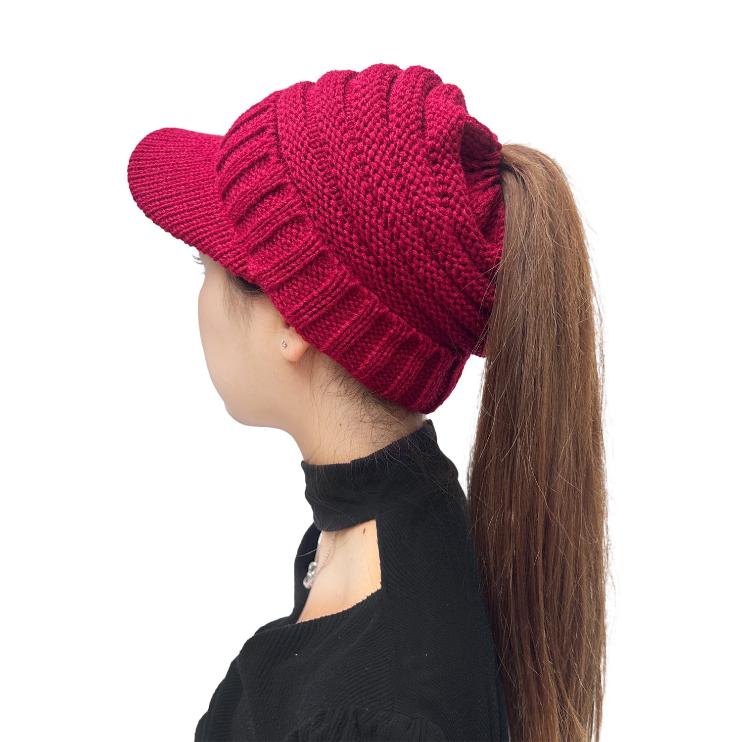 Wholesale Curled Stripe Ponytail Knitted Duck Tongue Wool Hat