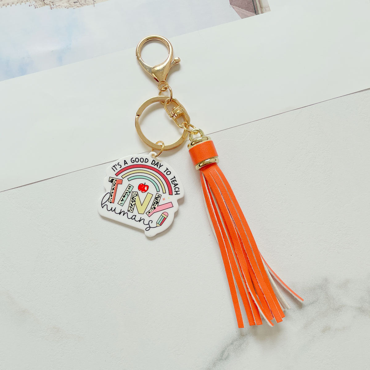 Wholesale Teacher Gifts Acrylic PU Tassel Bag Charm Keychain
