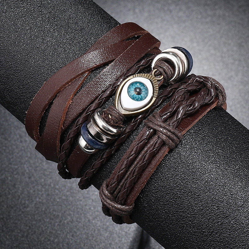 Wholesale Handwoven DIY Three-piece Set Multi-layered Vintage Eyes Men's Leather Bracelet