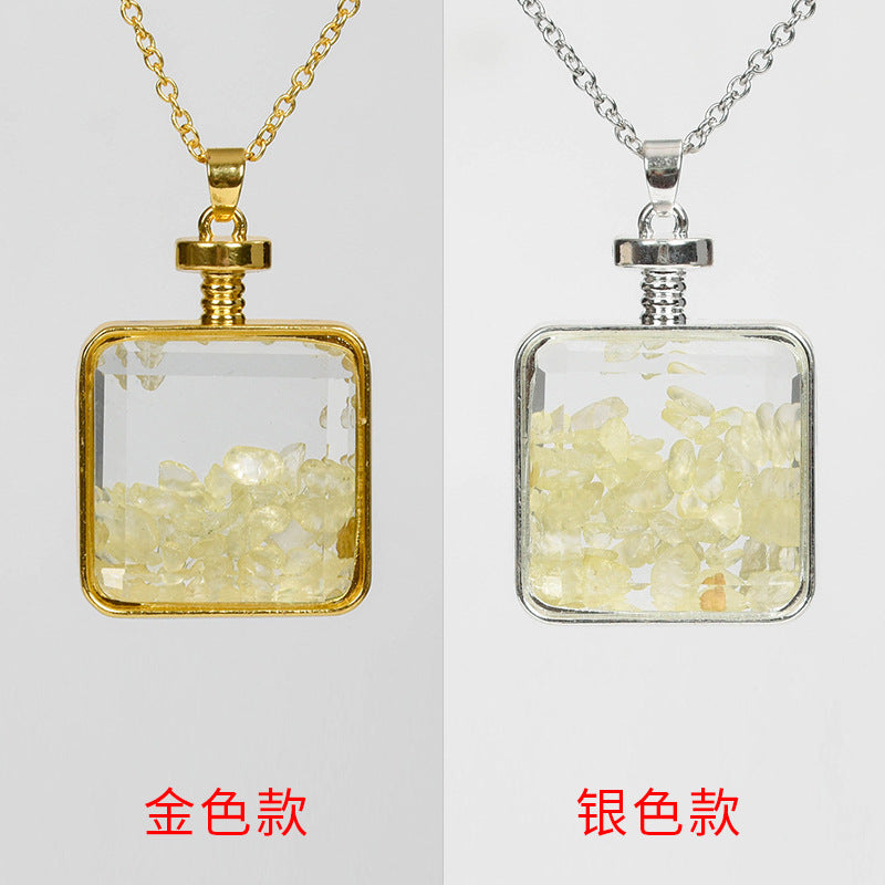 Wholesale Gravel Square Pink Quartz Round Pendant  Crystal Necklace