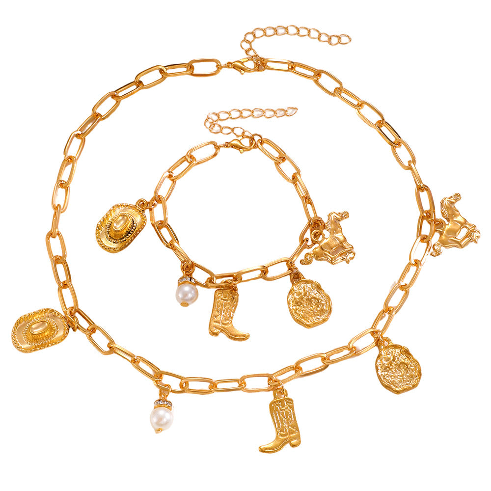 Wholesale Retro Western Style Pearl Necklace And Bracelet Jewelry Set For Women Animal Pendant Fashion Accessory Gift