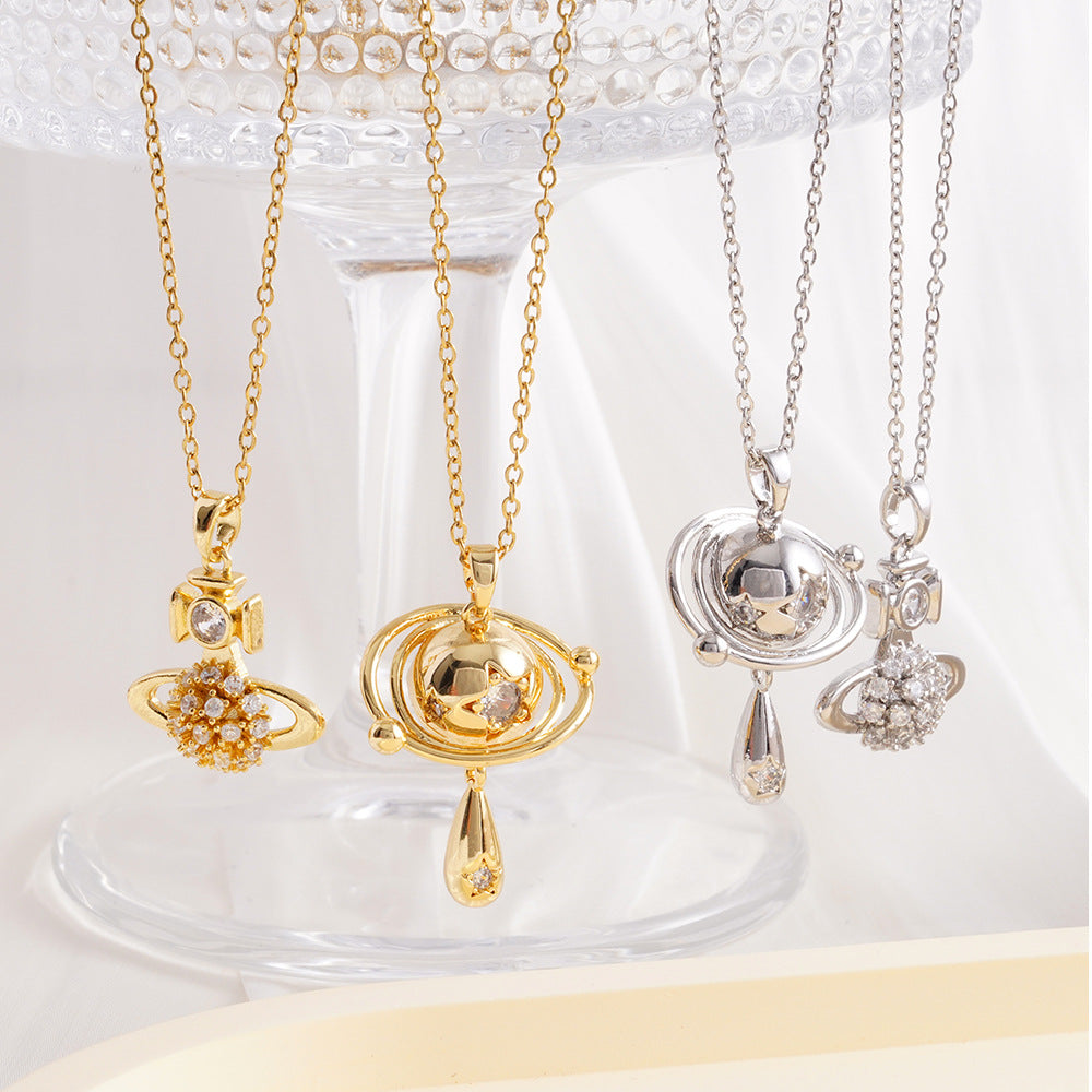 Wholesale Micro inlaid full diamond Saturn pin necklace