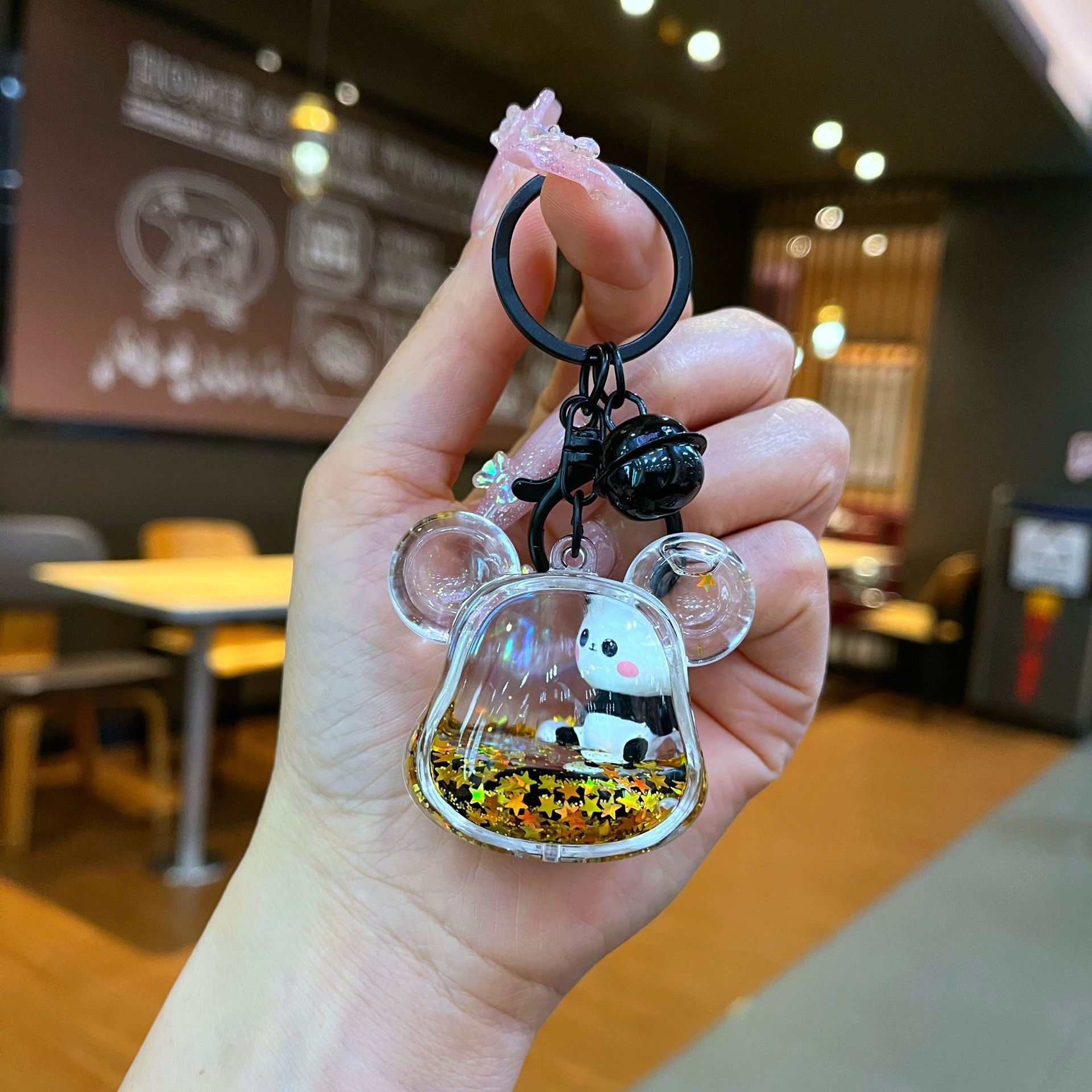 Wholesale Black gold floating cartoon cute panda Liquid Keychains