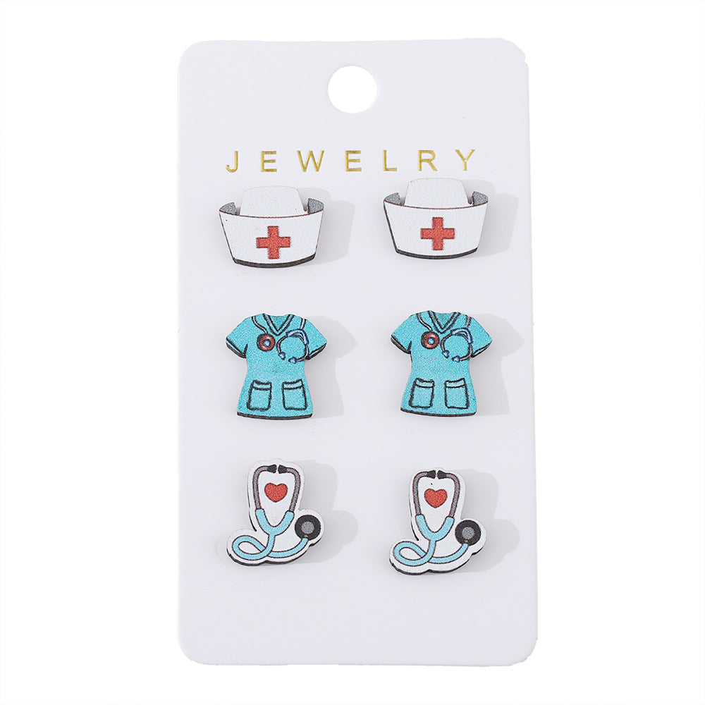 Wholesale Nurse' s Day Stethoscope Nurse Cute Heart and Lung Organs Wooden Earrings