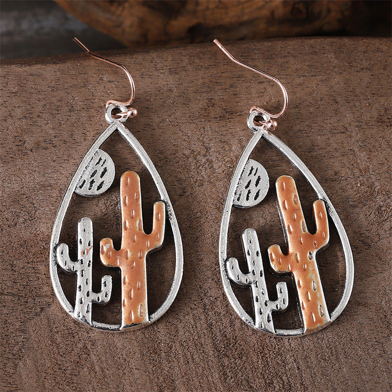 Wholesale Two tone desert cactus western wind hollow droplet shaped earrings