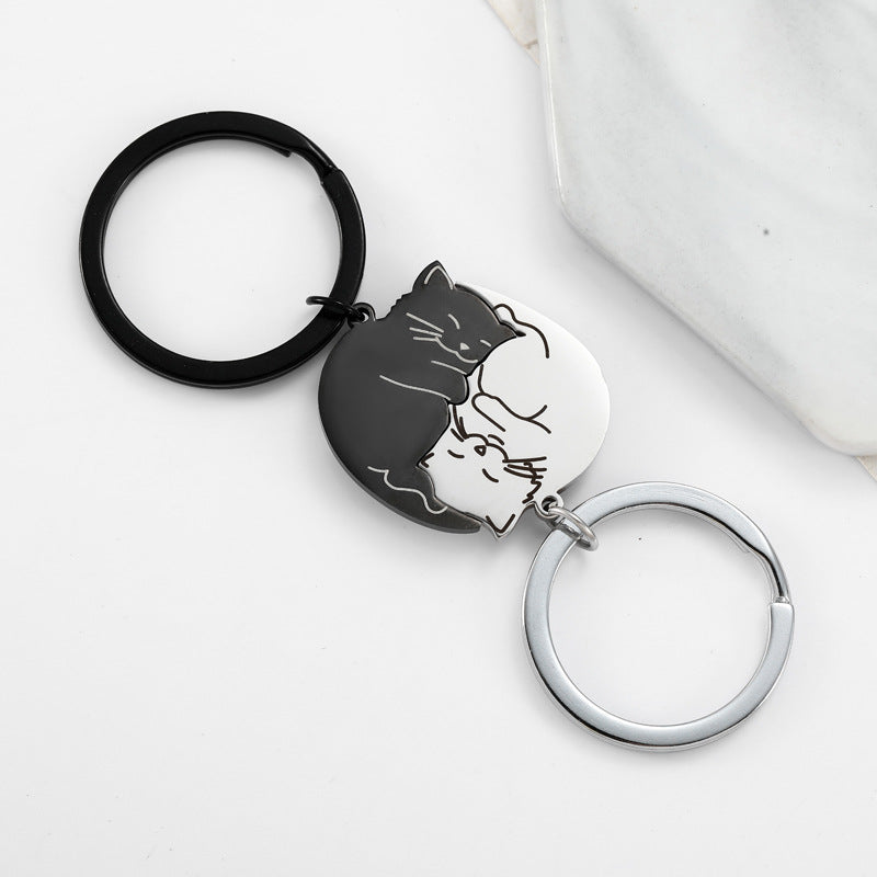Wholesale Creative Cute Cartoon Black and White Cat Stainless Steel Couple Keychains