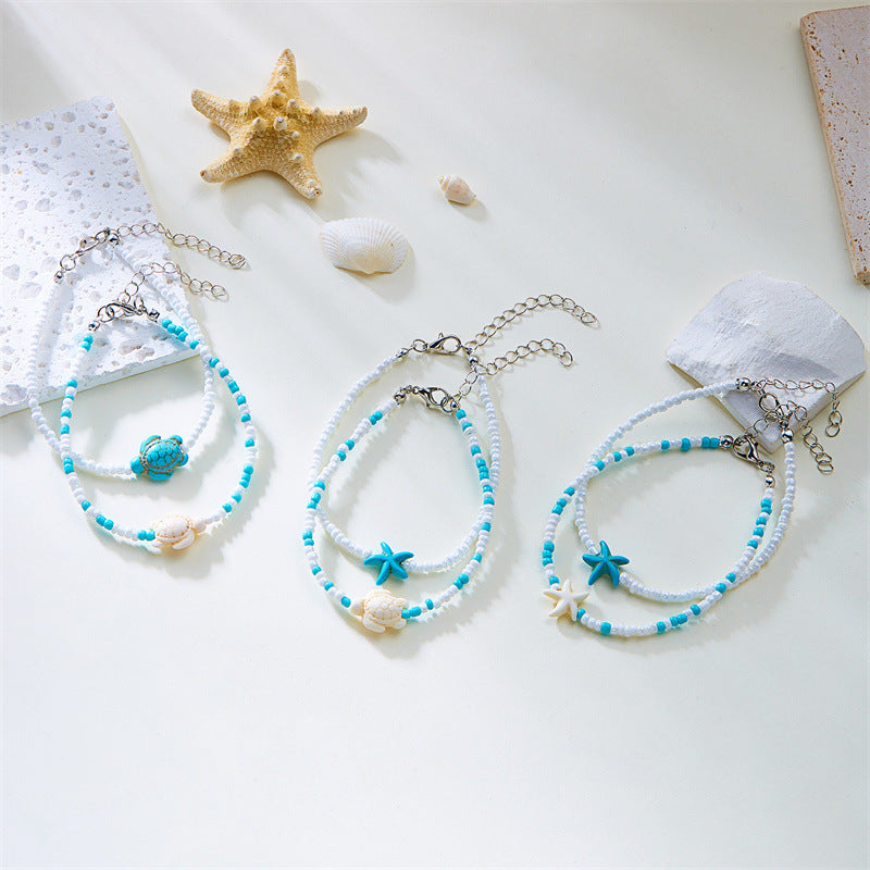 Wholesale Vacation Ocean Style Rice Pearl Stacked Starfish and Turtle Anklet