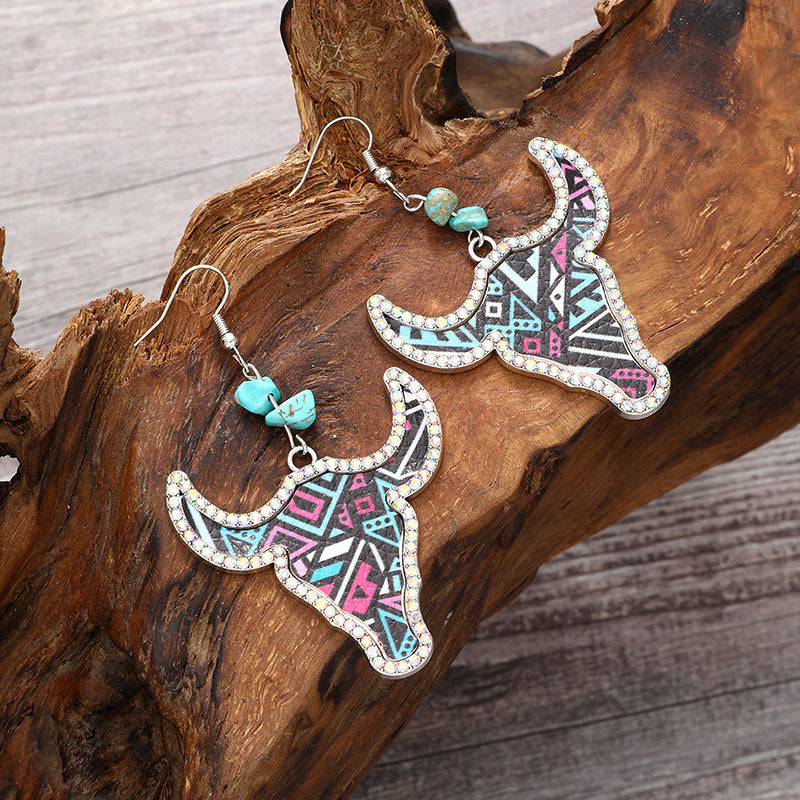 Wholesale Western Cowboy Style Bull Head Color Leather Diamond Retro Earrings