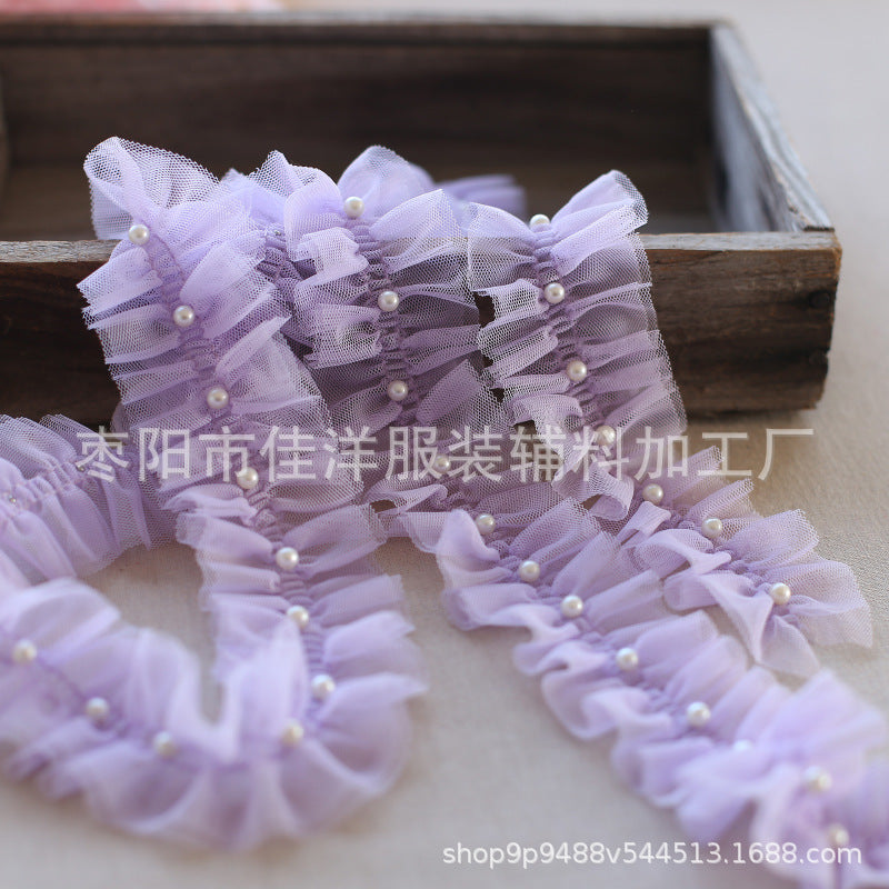 Wholesale 5pcs 5CM double-layer mesh lace pleated pearl decoration