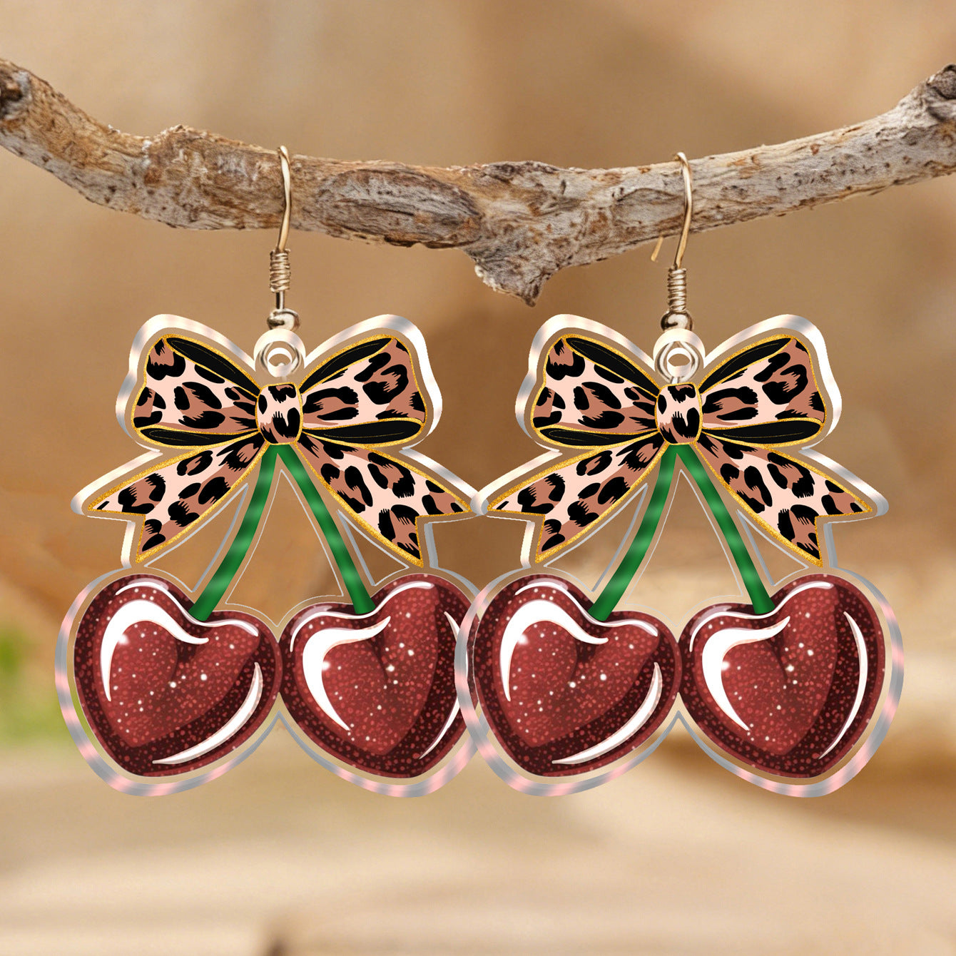 Wholesale Acrylic Leopard Print Bowknot Cherry Pendant Earrings Western Style Everyday Fashion Accessory For Boutique Resale