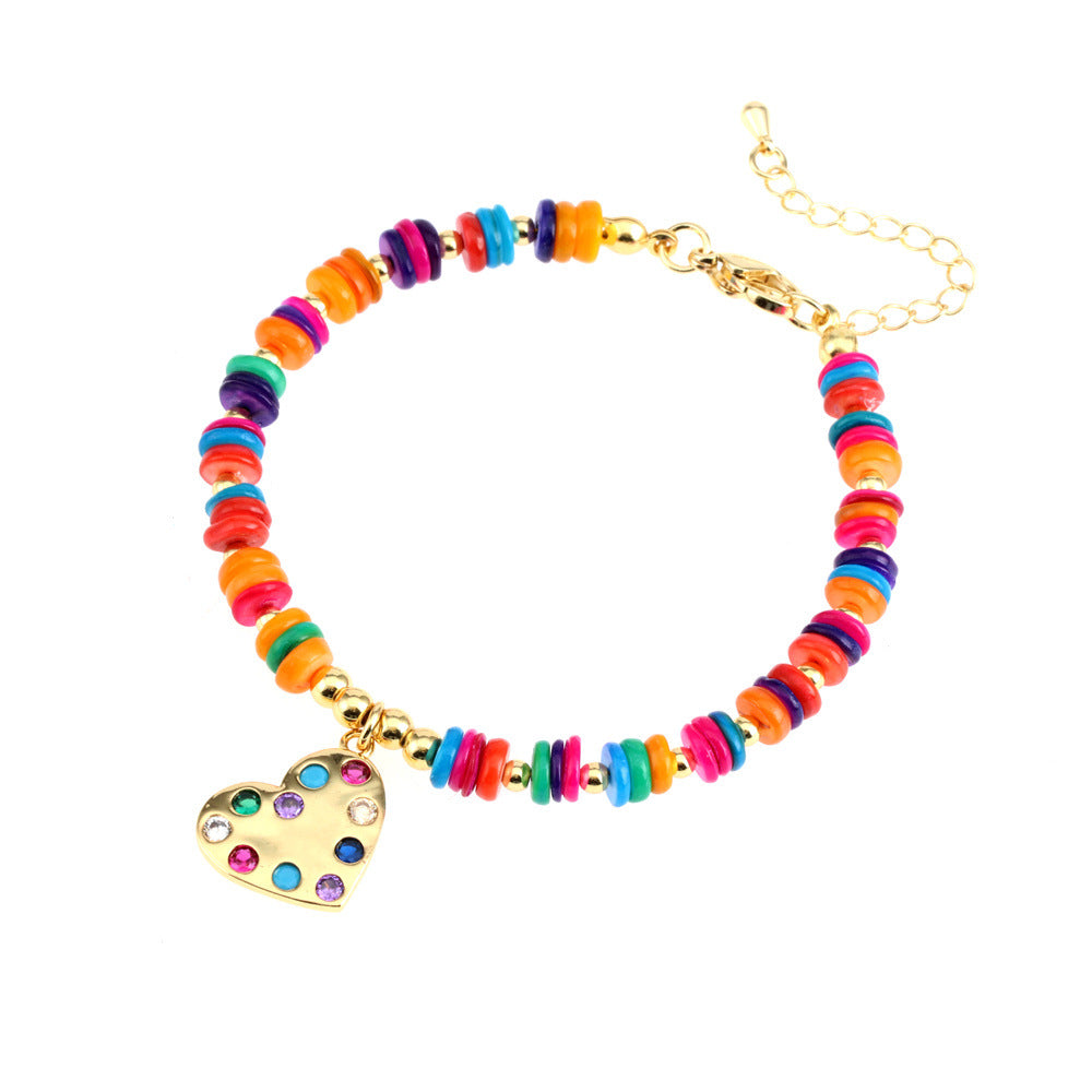 Wholesale Zircon Copper Love Heart Pendant Shell Disc Beads Bracelet