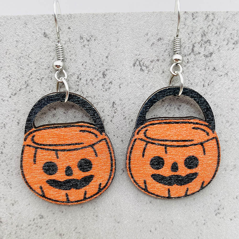 Wholesale Halloween Smiley Pumpkin Black Cat Candy Hand Basket Wooden Earrings