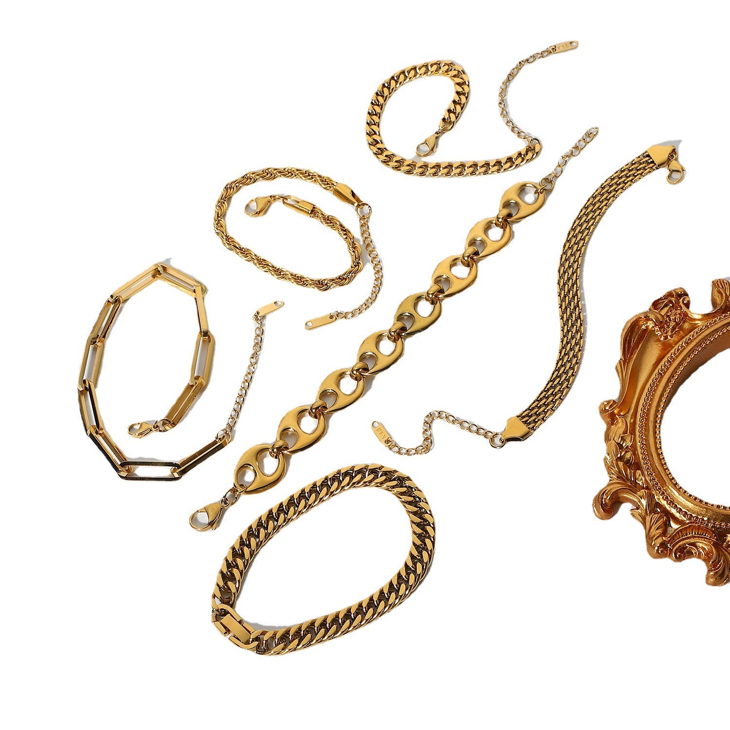 Wholesale Flat Snake Bone Chain Stacked 18K Gold Plated Stainless Steel Bracelet