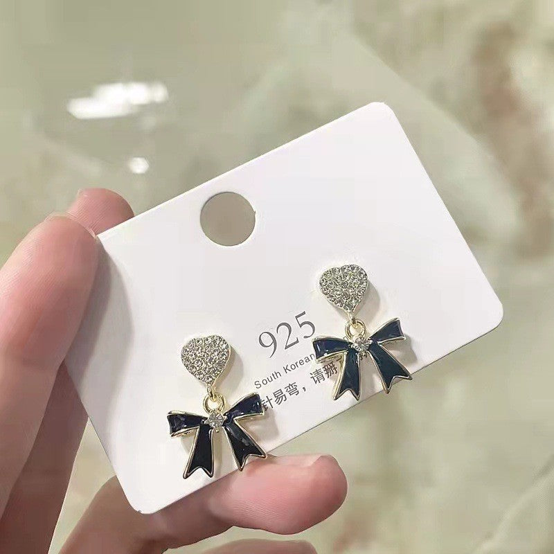 Wholesale Black Bow Love Heart S925 Silver Needle Earrings