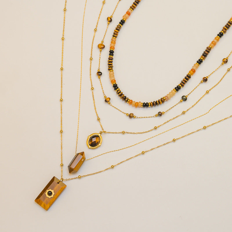 Wholesale Retro Yellow Tiger Stone Series Pendant Stainless Steel Necklace