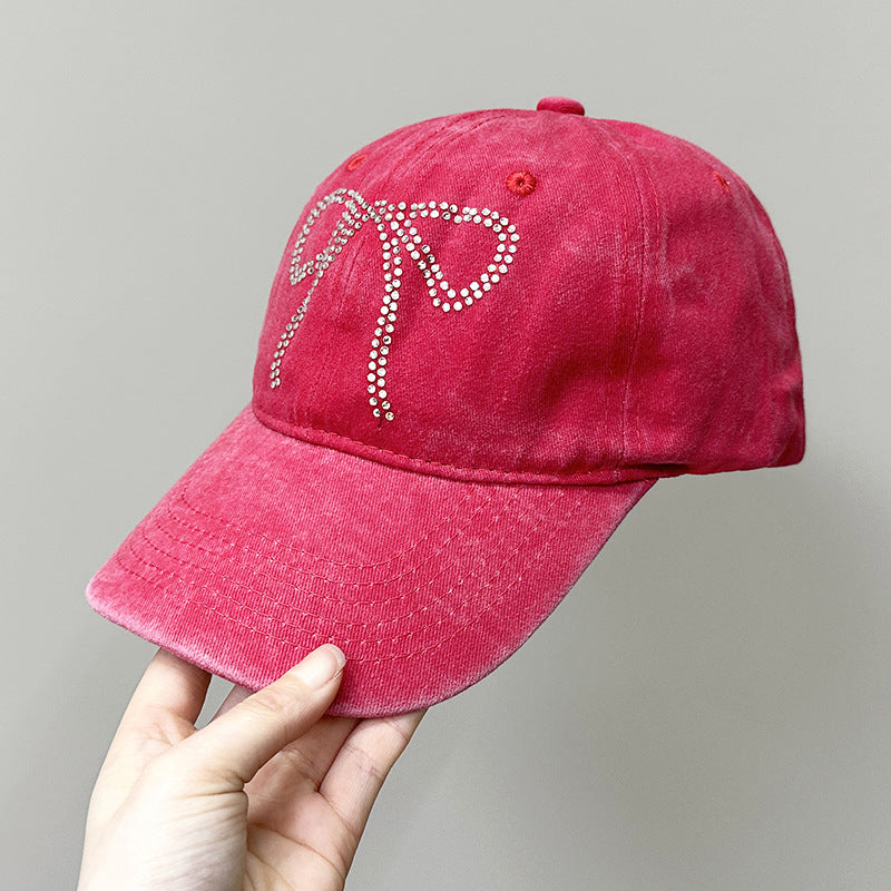 Wholesale Bow Rhinestone Soft Top Distressed Baseball Cap