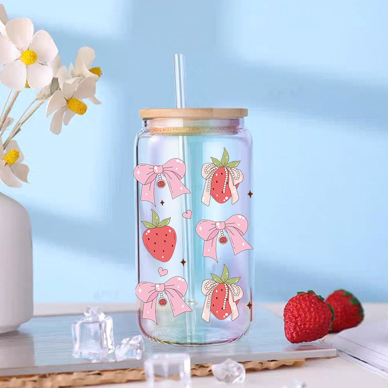 Wholesale Pink Strawberry Bow 16oz Cup UV DTF Wrap