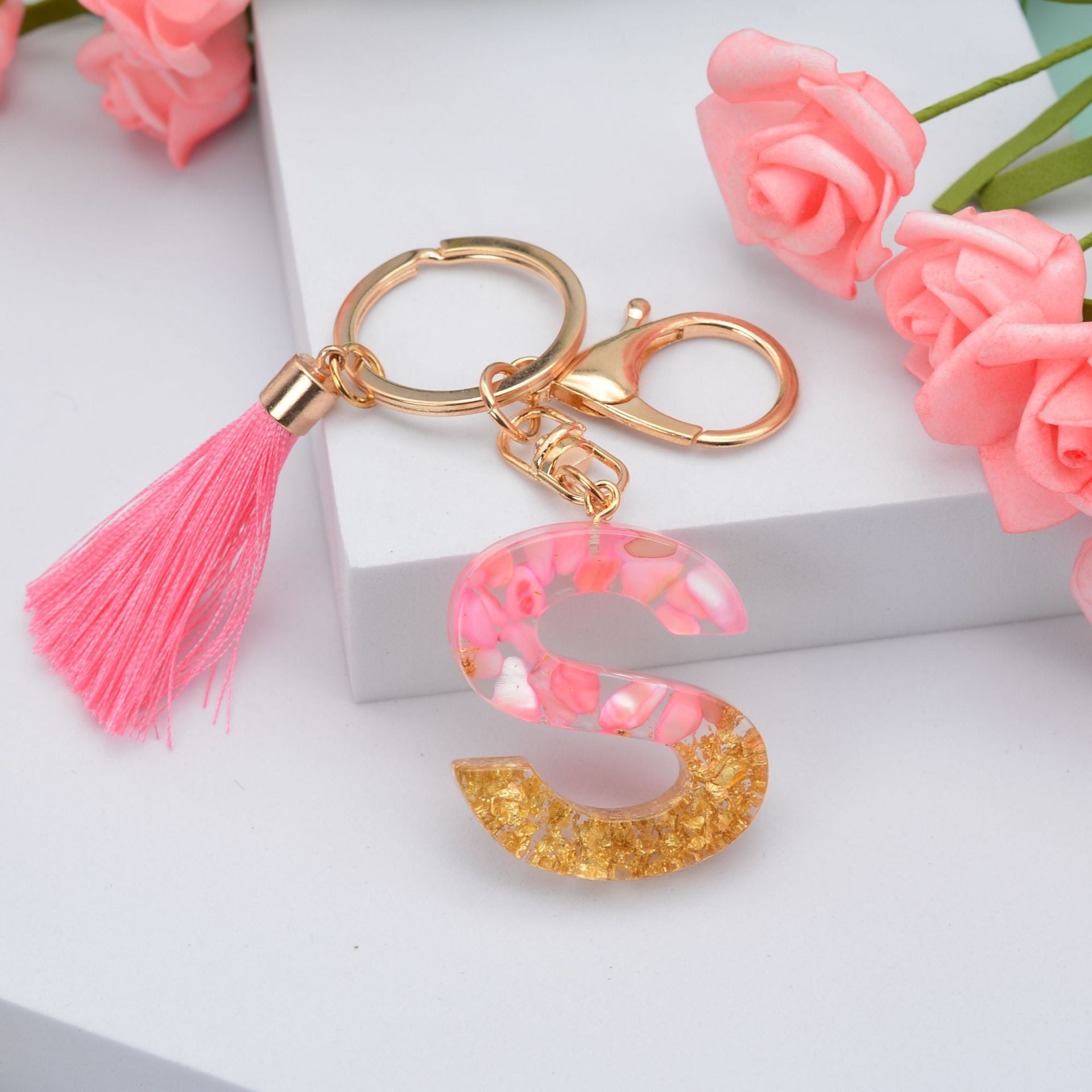 Wholesale Pink Tassel 26 Letter Crystal Resin Keychain