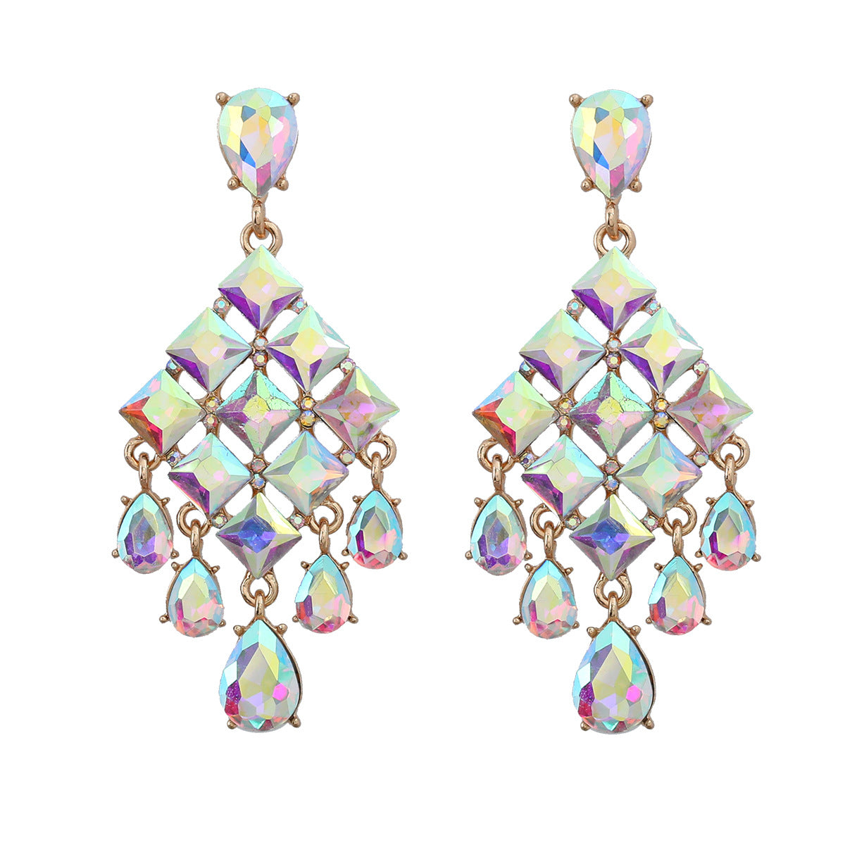 Wholesale Alloy Color Diamond Full Diamond Drop Shape Tassel Gemstone Earrings