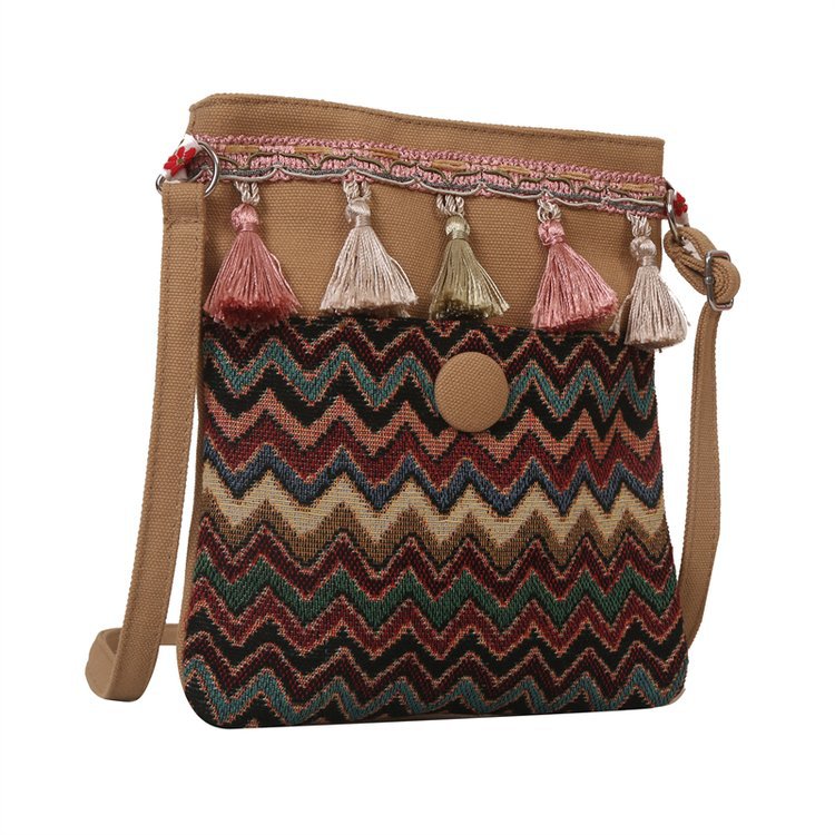 Wholesale Ethnic Style Bohemian Embroidered Tassel Canvas Cross-body Bag
