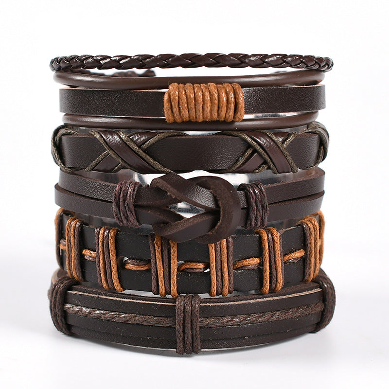 Wholesale Men's Braided Leather Bracelet Multi-layer Set Skull Bracelet
