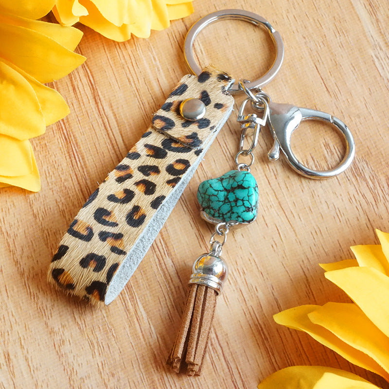 Llavero de estampado de leopar de vaca animal de cuero de cuero al por mayor