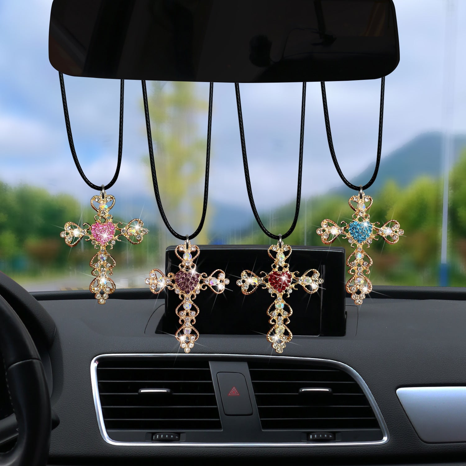 Wholesale diamond encrusted love cross car decoration pendant alloy cross
