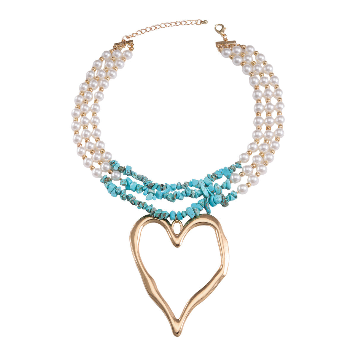 Wholesale Creative Exaggerated Love Pendant Necklace Multi Layered Turquoise Imitation Pearl Splice Necklace