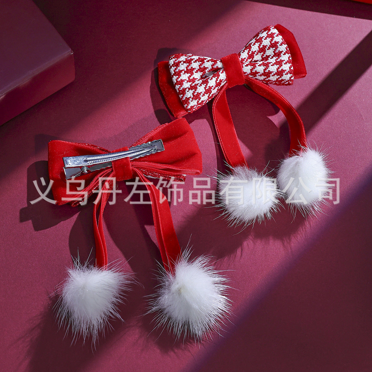 Wholesale 10pcs/pack New Year' s Big Red Vintage Houndstooth Hairpin Bow Ribbon