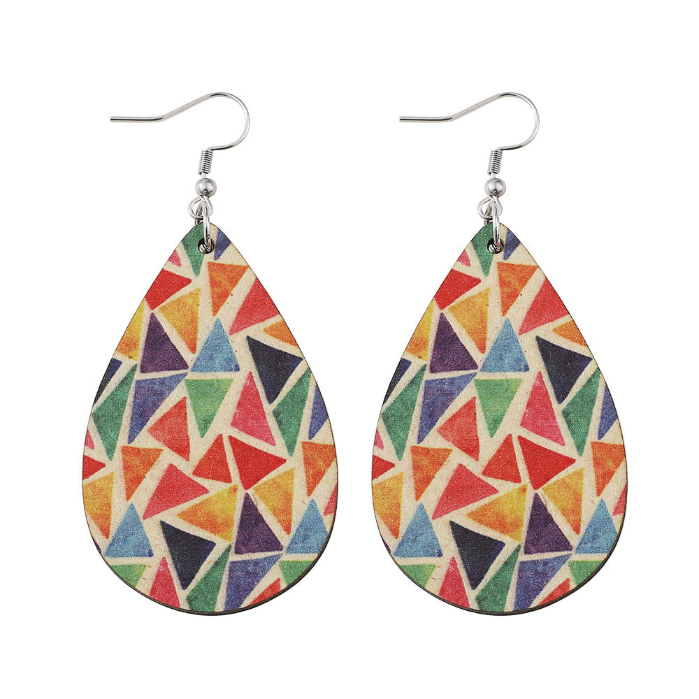 Wholesale Geometric colorful triangle earrings double-sided wooden teardrop earrings female Bohemian earrings