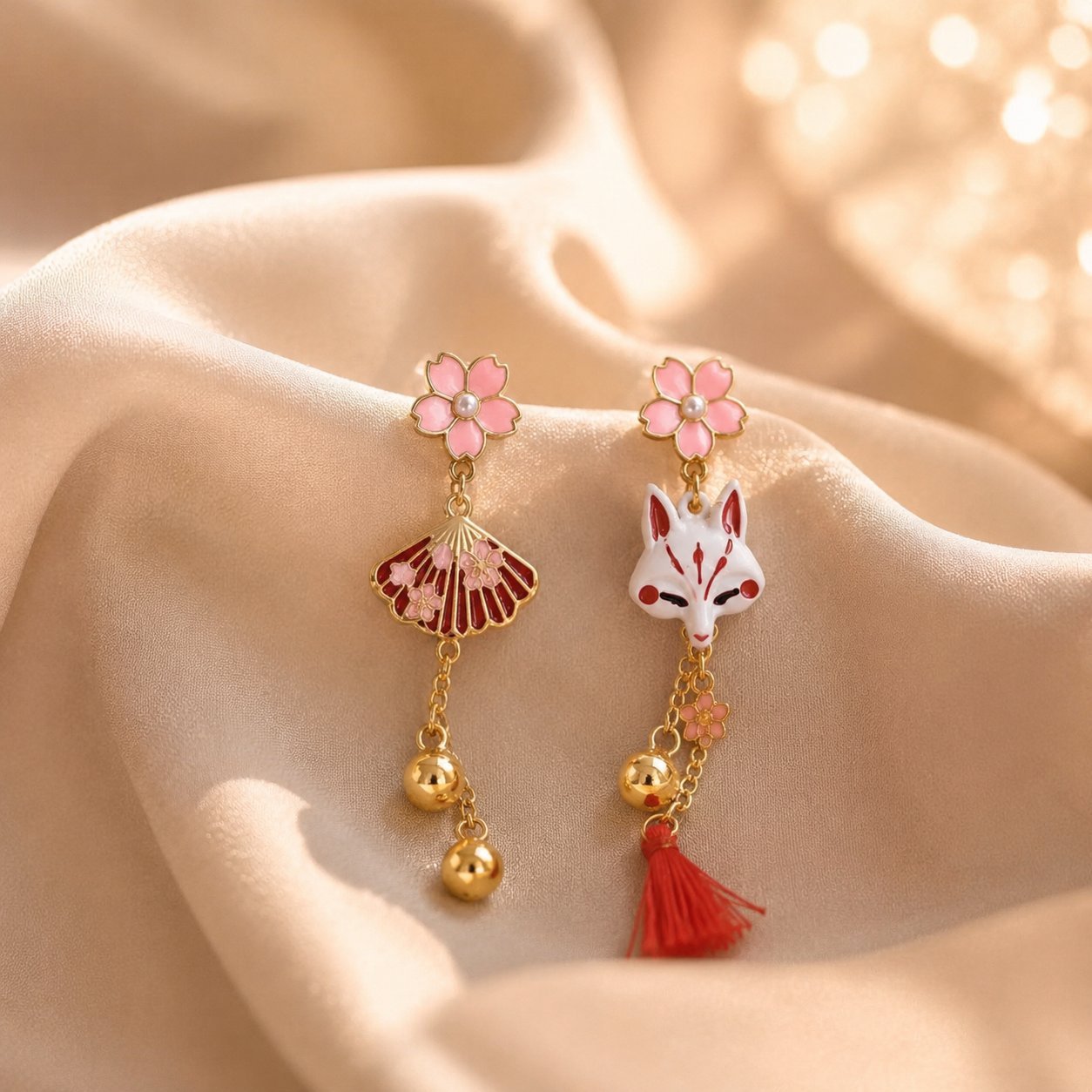 Wholesale Japanese Fox Fan Asymmetric Earrings For Women Anime Tassel Dangle Earrings Party Wear Gift