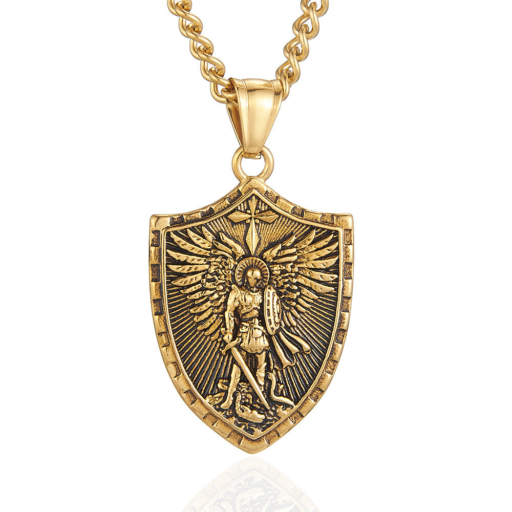 Wholesale Golden Stainless Steel Sword Wielding Warrior Angel Shield Men' s Necklace